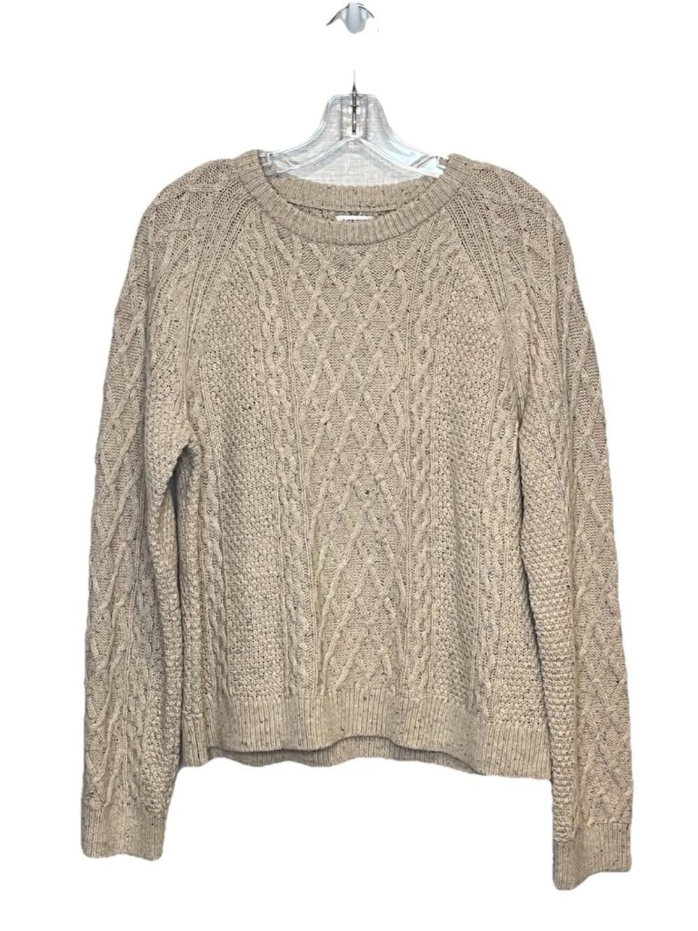 J Crew Cable Knit Sweater Womens L Beige Tan Cotton Crewneck Fisherman Speckled